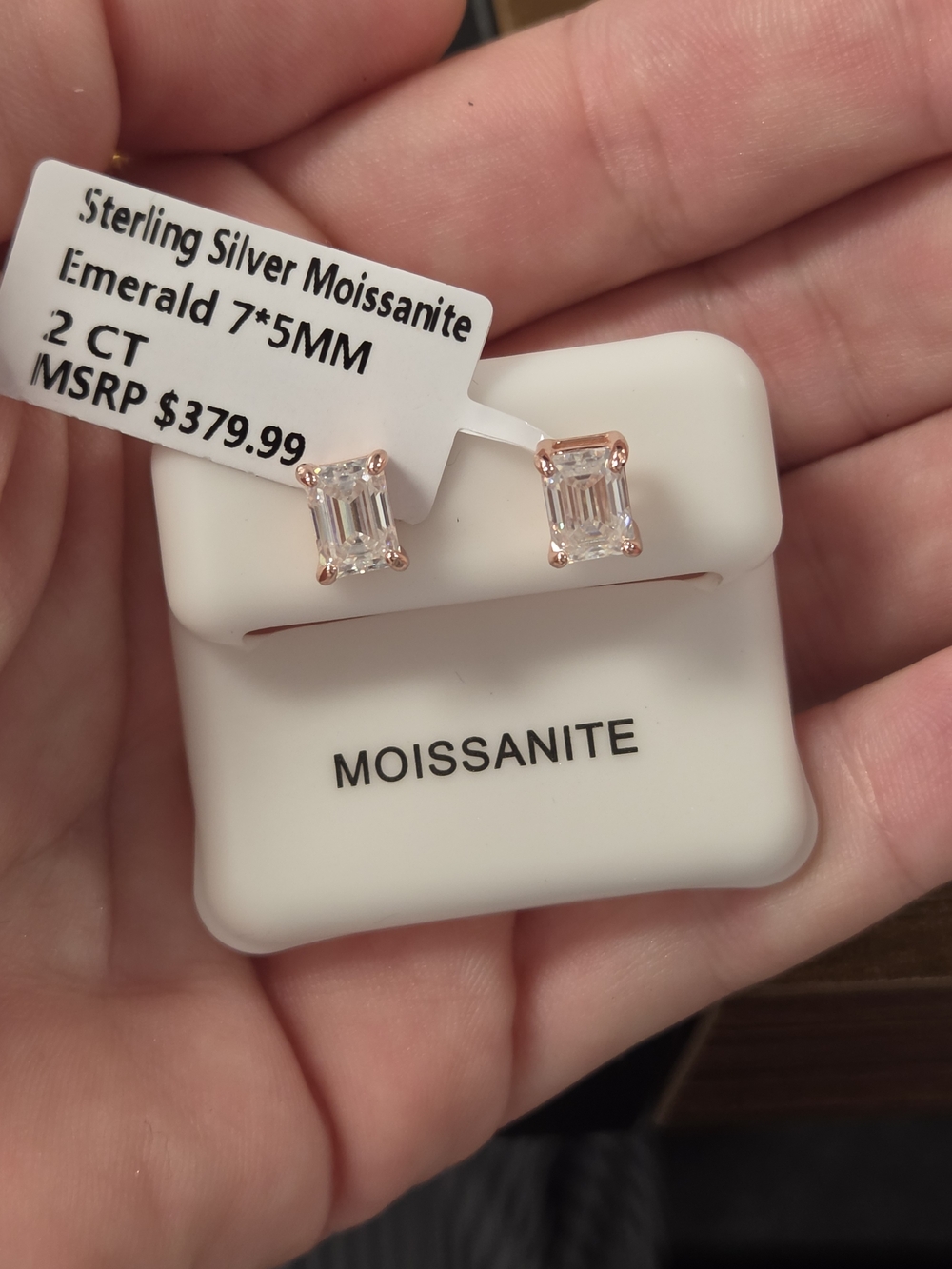 925 Sterling Silver With Rose Gold Vermeil Emerald-Cut Moissanite Stud Earrings